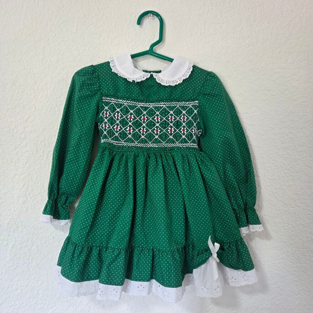 Vintage Polly Flinders Christmas Smocked Dress 2t